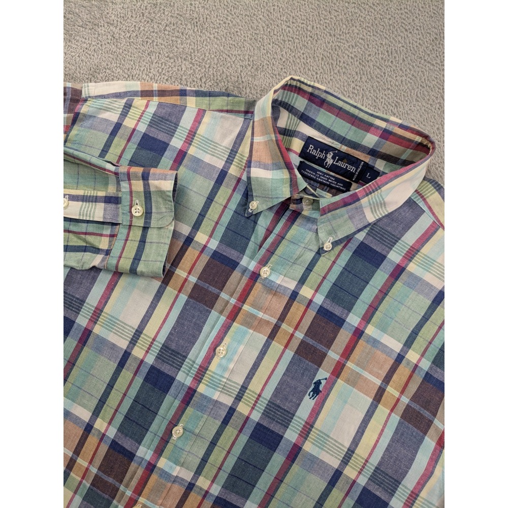 Ralph Lauren Mens Large Hand Woven Cotton Plaid Button Down Shirt Multi Color